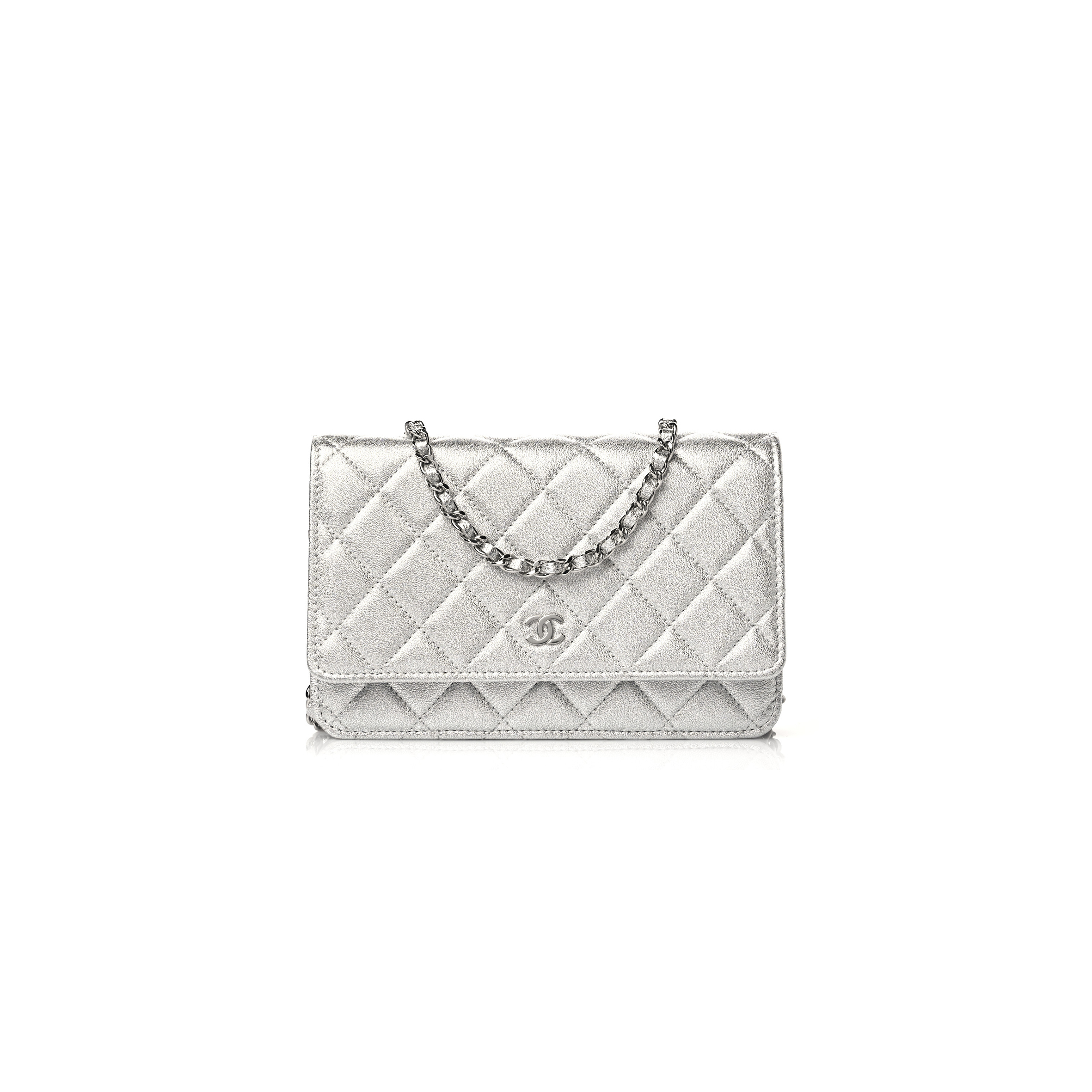 CHANEL METALLIC LAMBSKIN QUILTED WALLET ON CHAIN WOC SILVER AP0250 (19*13*3cm)